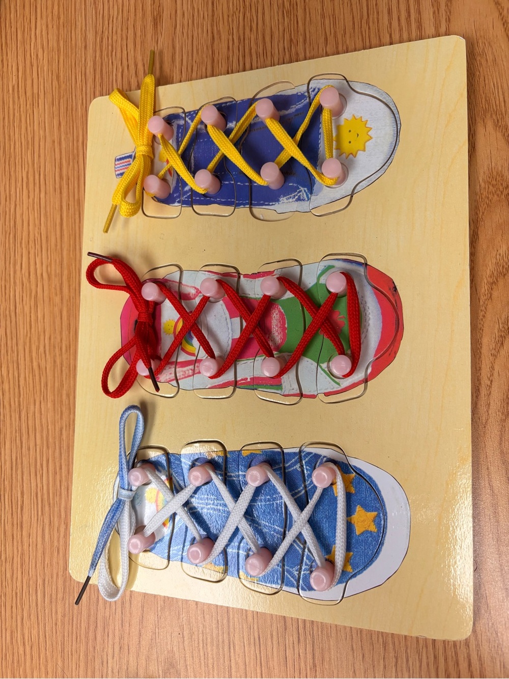 Wooden Shoe Lacing Board for Kids - Yellow, Red, Blue Laces